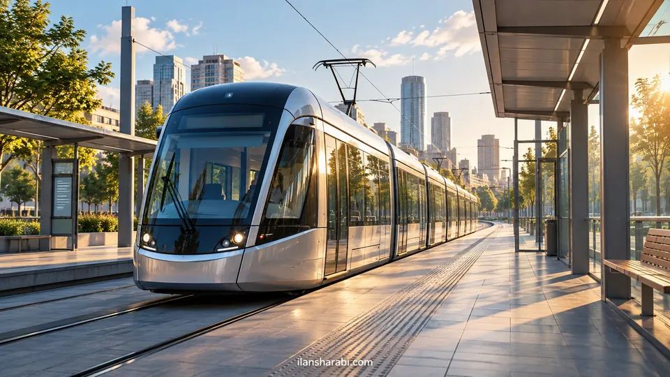 רכבת קלה מודרנית בתחנה עירונית שקטה באור בוקר